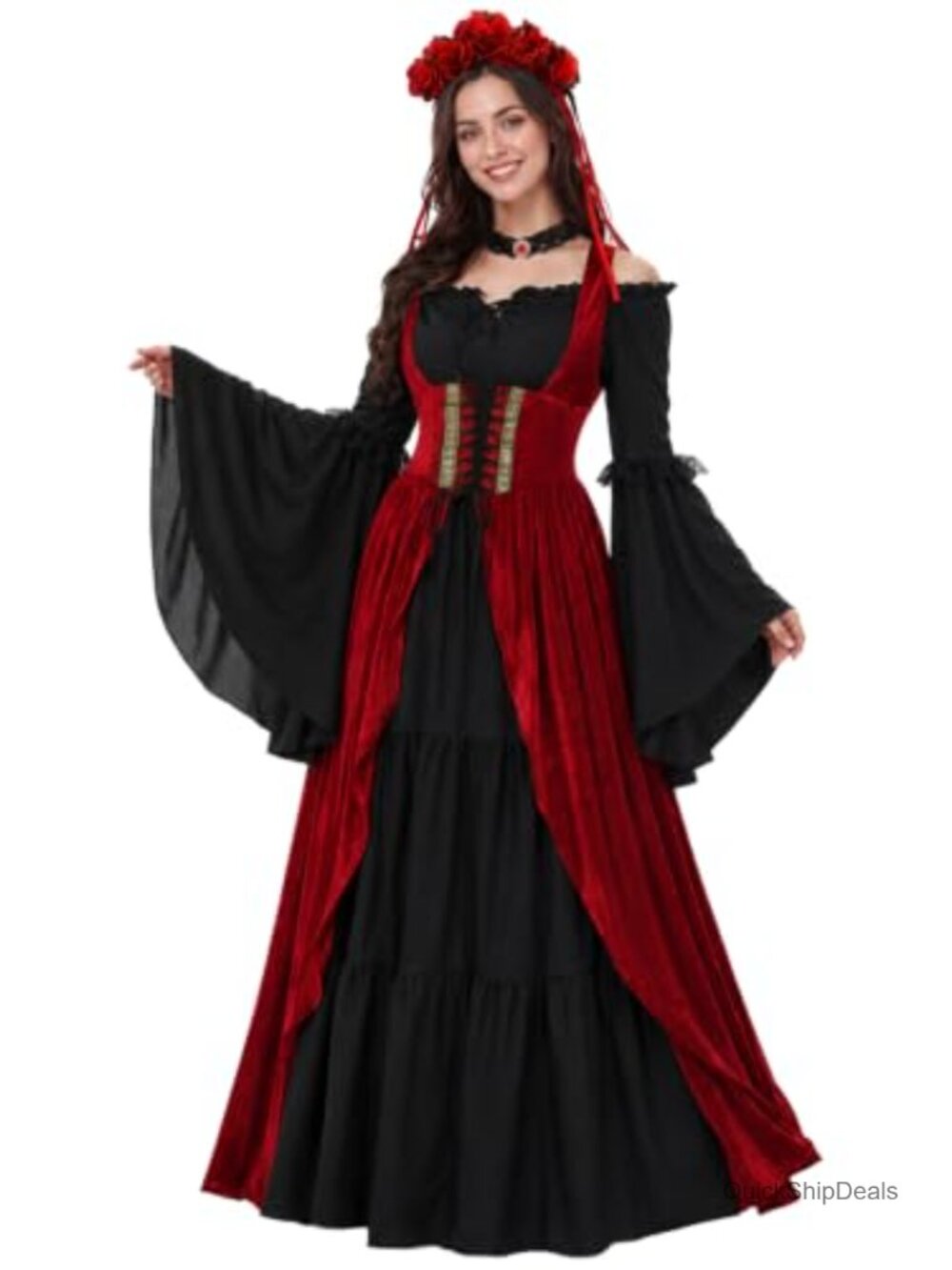 Renaissance Medieval Lace Up Maxi Dress Costume 4 Piece Set Cosplay
